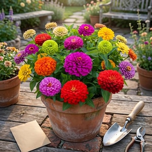 Puede incluir: Una maceta de terracota llena de un vibrante arreglo de flores de zinnia multicolores en tonos rosa brillante, rojo intenso, naranja, amarillo y verde lima, acompa&ntilde;ada de una peque&ntilde;a pala de jard&iacute;n de metal, tijeras de podar y un sobre de papel.