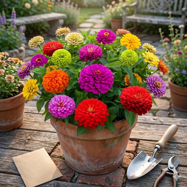 Puede incluir: Una maceta de terracota llena de un vibrante arreglo de flores de zinnia multicolores en tonos rosa brillante, rojo intenso, naranja, amarillo y verde lima, acompa&ntilde;ada de una peque&ntilde;a pala de jard&iacute;n de metal, tijeras de podar y un sobre de papel.