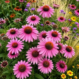 Op de afbeelding: Een groep felroze zonnehoeden met opvallende, verhoogde, donker oranjebruine harten. De bloemen hebben lange, slanke, hangende bloemblaadjes rondom de centrale kegel, tegen een achtergrond van groen blad en hoog gras.