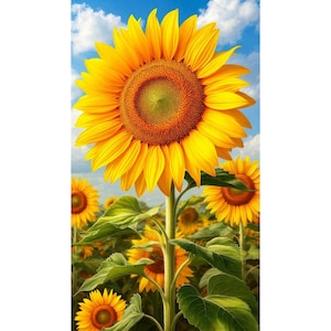 Pu&ograve; includere: Un grande girasole giallo brillante con un centro marrone strutturato si erge in primo piano. Diversi girasoli pi&ugrave; piccoli con foglie verdi sono visibili sullo sfondo sotto un cielo azzurro con nuvole bianche sparse.