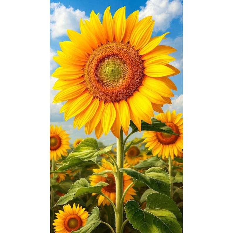 Pu&ograve; includere: Un grande girasole giallo brillante con un centro marrone strutturato si erge in primo piano. Diversi girasoli pi&ugrave; piccoli con foglie verdi sono visibili sullo sfondo sotto un cielo azzurro con nuvole bianche sparse.