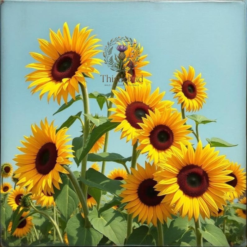 Pu&ograve; includere: Una stampa quadrata che raffigura un gruppo di girasoli giallo brillante con centri marrone scuro su un cielo azzurro. Il testo "Thistlebud" appare al centro sopra la frase "WILD & HARVEST FLORALS" con una piccola icona a forma di ghirlanda floreale.