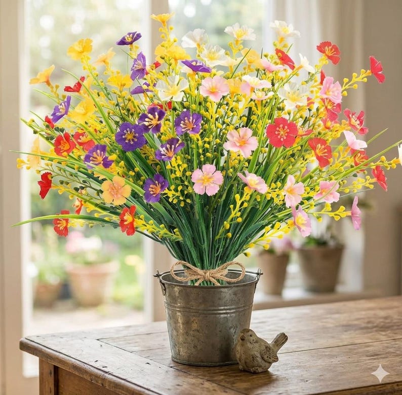 Pode incluir: Um ramo de flores silvestres artificiais em tons de amarelo, roxo, rosa e vermelho, com caules e folhagem verdes. As flores est&atilde;o dispostas num pequeno balde de metal cinzento desgastado com um la&ccedil;o de juta e uma pequena figura de p&aacute;ssaro.