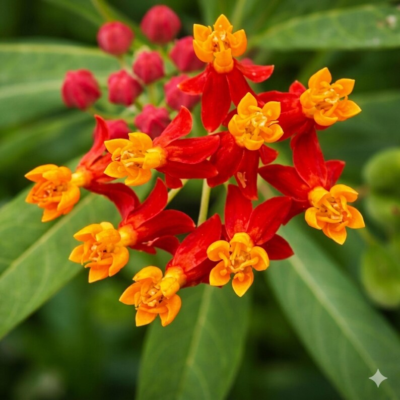 May include: A cluster of vibrant Asclepias curassavica flowers featuring bright red petals and contrasting yellow-orange centres. The bloom includes several fully opened star-shaped blossoms alongside small, rounded, deep red flower buds.