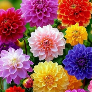 Puede incluir: Una vibrante colecci&oacute;n de flores de dalia en varios colores, incluyendo morado, naranja, rojo, amarillo, rosa y azul. Cada flor presenta p&eacute;talos densos y superpuestos dispuestos en un patr&oacute;n circular sim&eacute;trico, mostrando una exhibici&oacute;n floral.