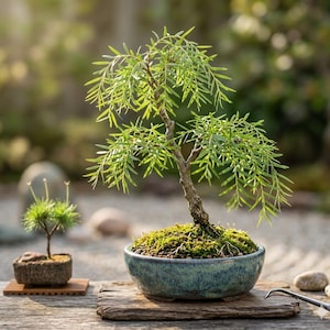 May include: A bonsai tree with slender, bright green needle-like leaves and a textured trunk, planted in a round, mottled blue-green ceramic pot covered with a layer of vibrant green moss. A smaller, secondary bonsai sits on a wooden base.