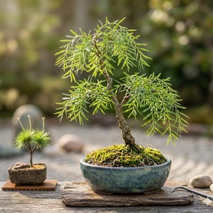 May include: A bonsai tree with slender, bright green needle-like leaves and a textured trunk, planted in a round, mottled blue-green ceramic pot covered with a layer of vibrant green moss. A smaller, secondary bonsai sits on a wooden base.