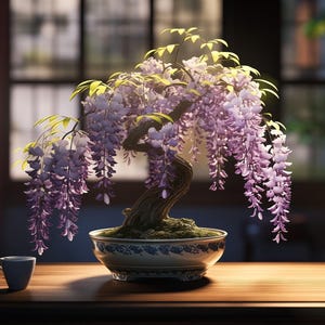 May include: A bonsai wisteria tree with cascading clusters of light purple flowers and green leaves, planted in a round ceramic pot with a blue and white pattern, positioned next to a small, plain, light-colored ceramic cup on a wooden surface.