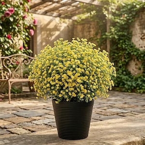 UV-resistenta gula konstgjorda blommor, konstgjorda utomhusbuskar för höstdekoration på verandan bild 4