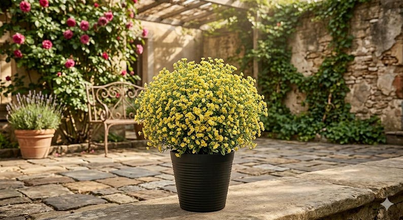 UV-resistenta gula konstgjorda blommor, konstgjorda utomhusbuskar för höstdekoration på verandan bild 4