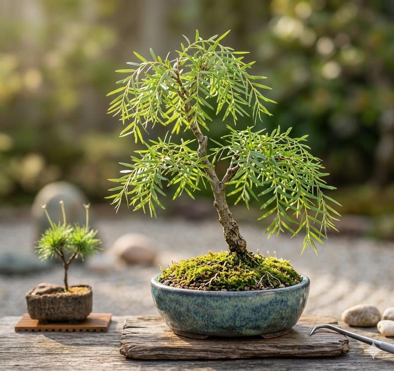 May include: A bonsai tree with slender, bright green needle-like leaves and a textured trunk, planted in a round, mottled blue-green ceramic pot covered with a layer of vibrant green moss. A smaller, secondary bonsai sits on a wooden base.