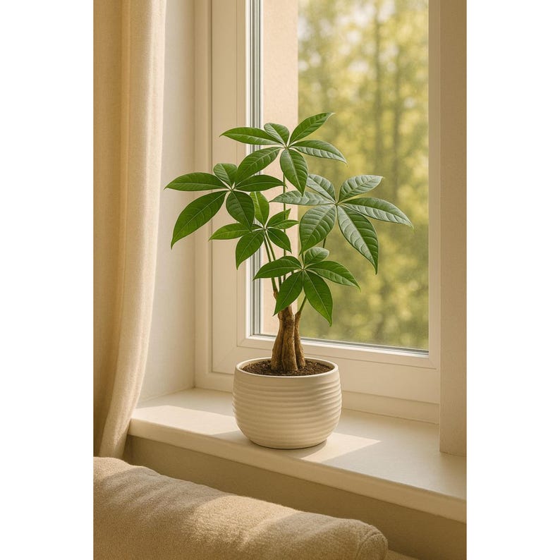 Peut inclure: Une plante Pachira aquatica aux feuilles vertes compos&eacute;es en forme de palme et au tronc tress&eacute;, plant&eacute;e dans un pot en c&eacute;ramique blanc cass&eacute; rond avec une texture c&ocirc;tel&eacute;e horizontale subtile, plac&eacute;e sur un rebord de fen&ecirc;tre &agrave; la lumi&egrave;re.