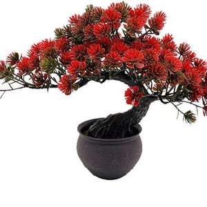 Pu&ograve; includere: Un bonsai artificiale caratterizzato da un tronco scuro, strutturato e curvo, con un fogliame vibrante ad aghi rossi. La pianta &egrave; inserita in un vaso rotondo, semplice e marrone scuro con una finitura liscia, per un aspetto equilibrato.