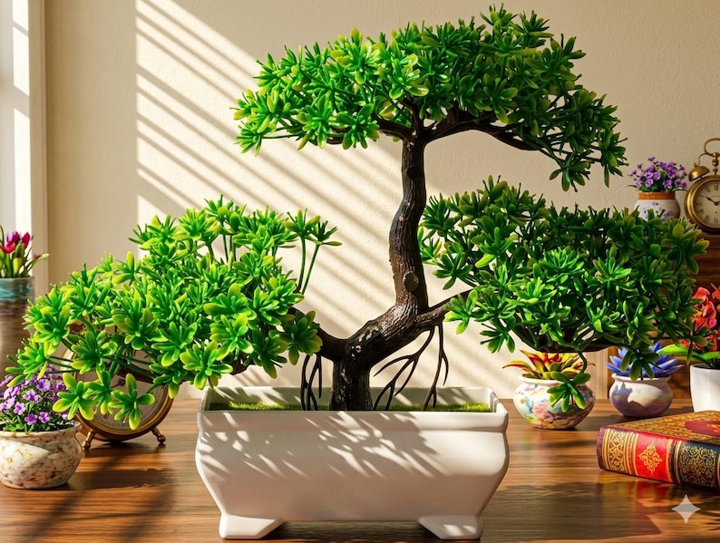 May include: An artificial bonsai tree with vibrant green foliage and a dark brown textured trunk, potted in a rectangular white ceramic container with four small feet. The plant features multiple branches extending outward with dense clusters of leaves.