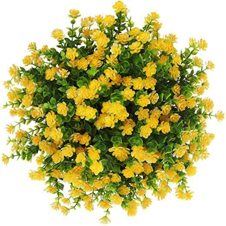 UV-resistenta gula konstgjorda blommor, konstgjorda utomhusbuskar för höstdekoration på verandan bild 2