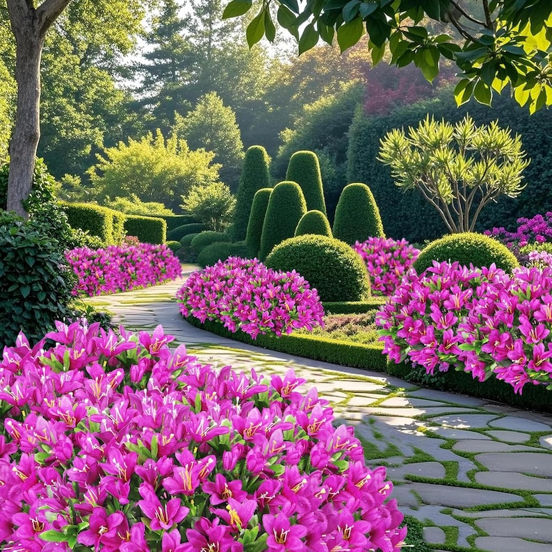 May include: A garden path made of irregular stone pavers winds through a landscape filled with vibrant magenta flowers. The path is bordered by lush green manicured hedges and rounded shrubs, with tall trees providing shade in the background.