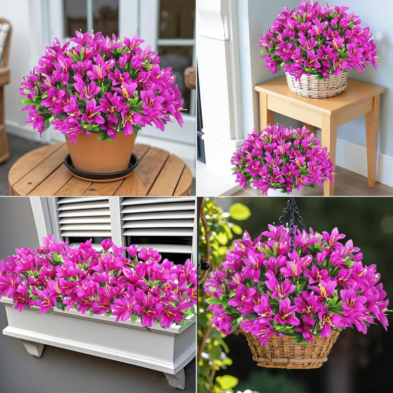 May include: A collection of artificial fuchsia flowers with green leaves, displayed in various containers including a terracotta pot, a white woven basket, a rectangular white window box, and a hanging brown wicker basket with a black chain.