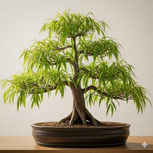 May include: A bonsai tree with a thick, textured brown trunk and exposed roots, featuring numerous branches covered in vibrant, slender, light green leaves. The tree is planted in a wide, shallow, dark brown ceramic pot filled with small pebbles.