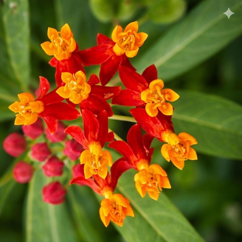 May include: A cluster of Asclepias curassavica flowers featuring vibrant red petals and bright orange centres. The bloom is surrounded by several unopened red flower buds and elongated green leaves, captured in a top-down perspective.
