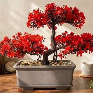 Artificial Juniper Bonsai Tree - Red Faux Plant for Desk and Home Indoor Decor, Porch Patio Decor, UV Resistant