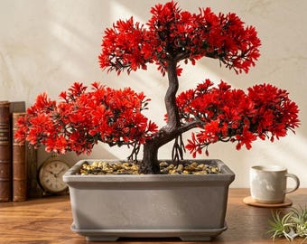 Artificial Juniper Bonsai Tree - Red Faux Plant for Desk and Home Indoor Decor, Porch Patio Decor, UV Resistant