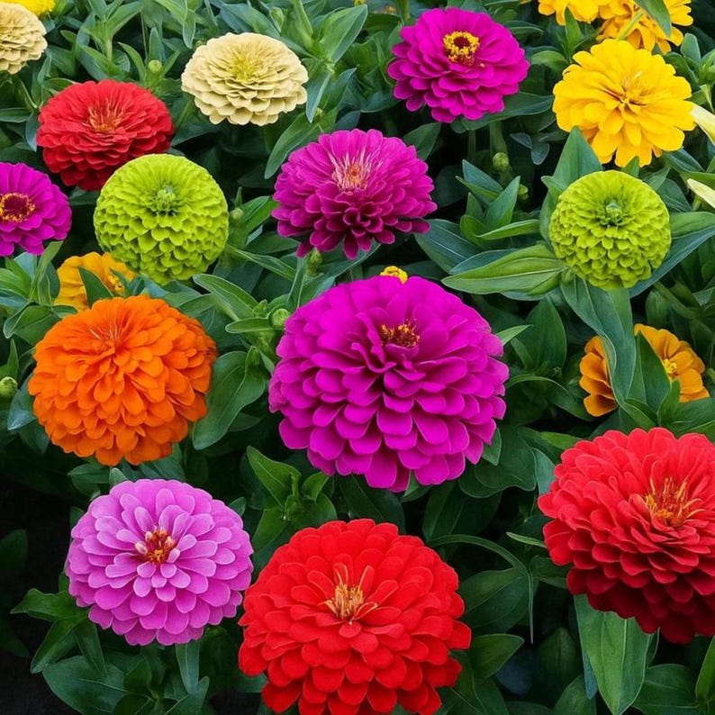 Puede incluir: Una vibrante colecci&oacute;n de flores de zinnia en varios colores, incluyendo rojo brillante, rosa intenso, naranja, verde lima, amarillo y crema. Cada flor presenta p&eacute;talos densos y superpuestos en forma esf&eacute;rica, rodeados de hojas verdes.