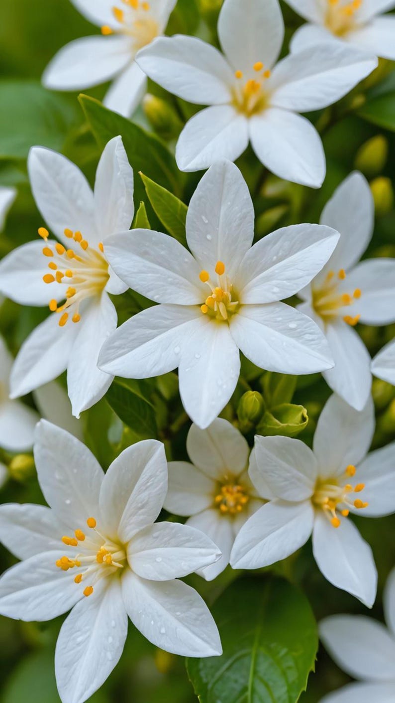 Puede incluir: Un grupo de flores blancas con cinco p&eacute;talos puntiagudos y centros de color amarillo brillante. Las flores presentan texturas delicadas y peque&ntilde;as gotas de agua en la superficie, rodeadas de hojas de color verde vivo al aire libre.