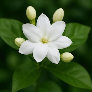 Puede incluir: Una flor de jazm&iacute;n blanca en plena floraci&oacute;n con siete p&eacute;talos, rodeada de cuatro capullos de color verde p&aacute;lido sin abrir y varias hojas de color verde oscuro. La parte central de la flor muestra un estambre amarillo claro, con los p&eacute;talos radiantes.