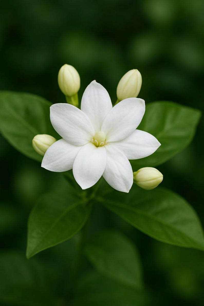 Puede incluir: Una flor de jazm&iacute;n blanca en plena floraci&oacute;n con siete p&eacute;talos, rodeada de cuatro capullos de color verde p&aacute;lido sin abrir y varias hojas de color verde oscuro. La parte central de la flor muestra un estambre amarillo claro, con los p&eacute;talos radiantes.