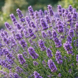 May include: A field of vibrant purple lavender flowers with slender green stems. The blossoms are arranged in dense, elongated spikes, creating a textured display of violet and lavender hues across the frame, capturing the natural growth of the plant.