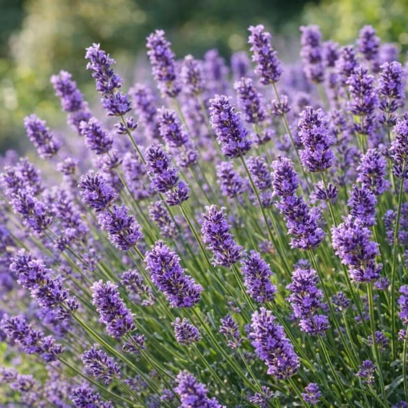 May include: A field of vibrant purple lavender flowers with slender green stems. The blossoms are arranged in dense, elongated spikes, creating a textured display of violet and lavender hues across the frame, capturing the natural growth of the plant.