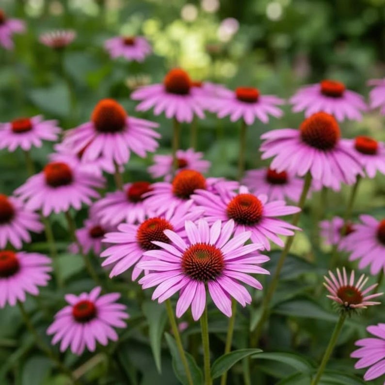 Op de afbeelding: Een groep zonnehoeden met levendige roze-paarse bloemblaadjes die uitstralen vanaf een prominente, verhoogde, donker oranjebruine centrale kegel. De bloemen staan tegen een zachte, onscherpe groene achtergrond van bladeren en stengels.