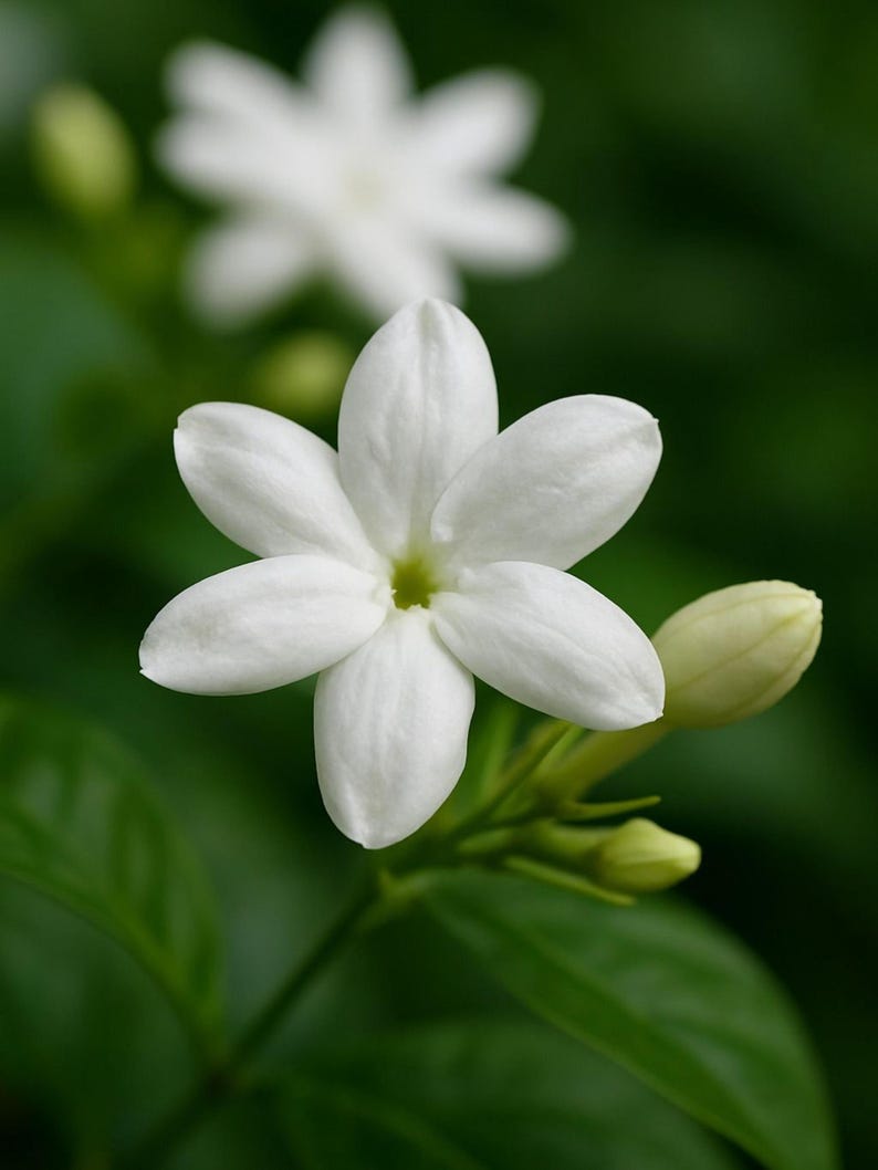 Puede incluir: Una flor de jazm&iacute;n blanca con siete p&eacute;talos y un centro verde p&aacute;lido, acompa&ntilde;ada de un capullo cerrado en un tallo verde. La flor est&aacute; situada en primer plano con una segunda flor blanca ligeramente desenfocada visible arriba.