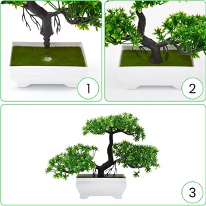 May include: An artificial bonsai tree with a dark brown trunk and vibrant green plastic foliage. The tree is set in a rectangular white plastic pot filled with a green textured material resembling moss, featuring a small circular opening at the base.