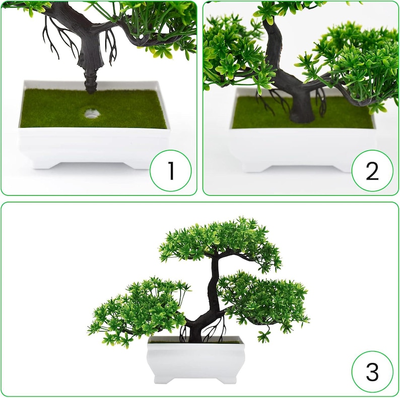 May include: An artificial bonsai tree with a dark brown trunk and vibrant green plastic foliage. The tree is set in a rectangular white plastic pot filled with a green textured material resembling moss, featuring a small circular opening at the base.