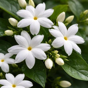 Puede incluir: Un grupo de flores de jazm&iacute;n blancas con cinco a siete p&eacute;talos cada una y un peque&ntilde;o centro amarillo. Las flores est&aacute;n rodeadas de hojas puntiagudas de color verde oscuro y varios capullos cerrados de color verde claro en tallos finos.