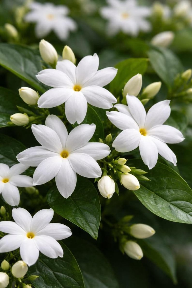 Puede incluir: Un grupo de flores de jazm&iacute;n blancas con cinco a siete p&eacute;talos cada una y un peque&ntilde;o centro amarillo. Las flores est&aacute;n rodeadas de hojas puntiagudas de color verde oscuro y varios capullos cerrados de color verde claro en tallos finos.