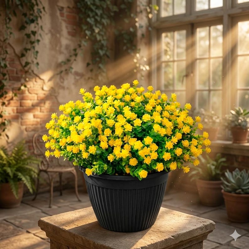 UV-resistenta gula konstgjorda blommor, konstgjorda utomhusbuskar för höstdekoration på verandan bild 5