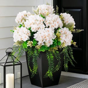 UV Resistant Hydrangea Eucalyptus Arrangement | White Faux Wedding Flowers for Porch & Home Decor