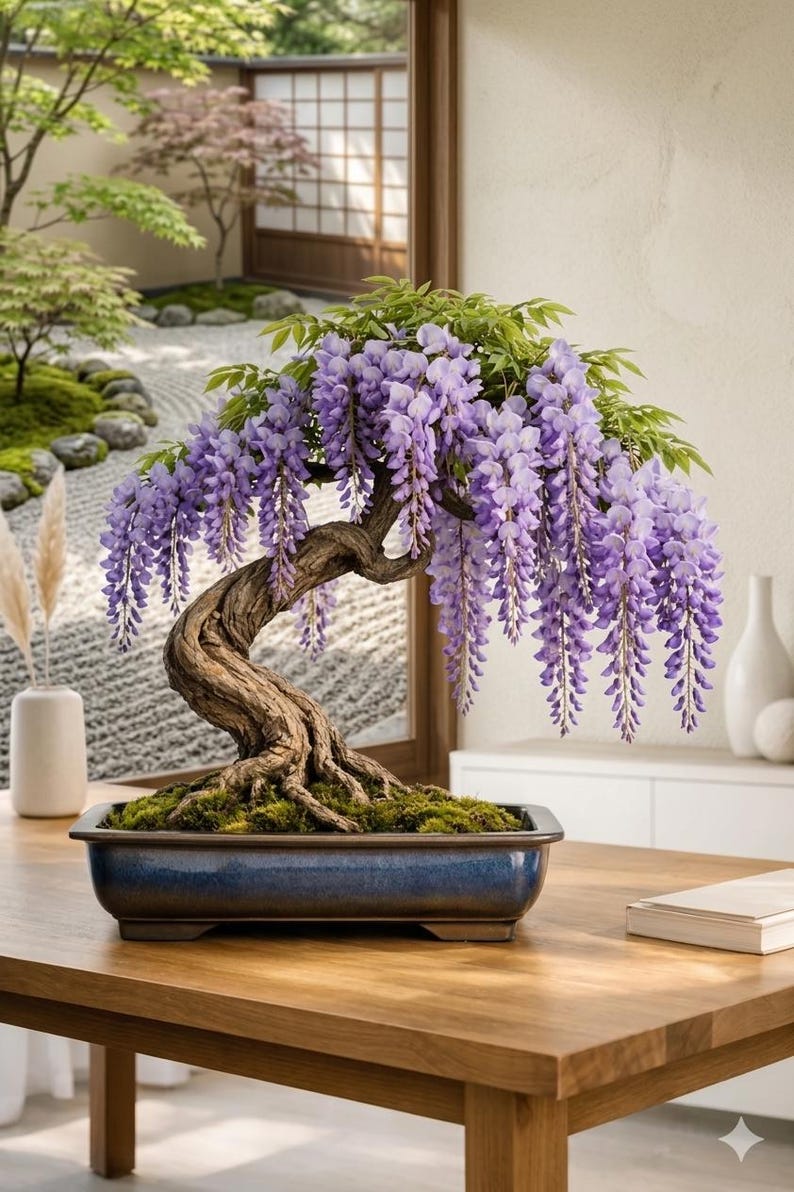 May include: A wisteria bonsai tree with cascading clusters of light purple flowers and green leaves, planted in a rectangular blue ceramic pot with moss at the base. The tree features a thick, textured, gnarled brown trunk and branches.