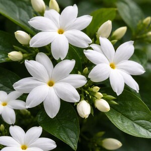 Puede incluir: Un grupo de flores de jazm&iacute;n blancas con cinco a ocho p&eacute;talos cada una y un peque&ntilde;o centro amarillo. Las flores est&aacute;n rodeadas de hojas puntiagudas de color verde oscuro y varios capullos cerrados de color verde claro en un tallo.