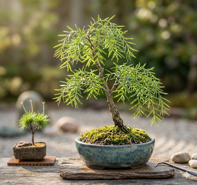 May include: A bonsai tree with slender, bright green needle-like leaves and a textured trunk, planted in a round, mottled blue-green ceramic pot covered with a layer of vibrant green moss. A smaller, secondary bonsai sits on a wooden base.
