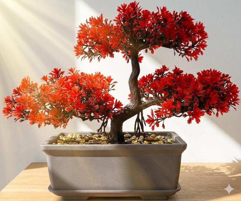 Op de afbeelding: Een decoratieve kunstmatige bonsaiboom met levendig rood blad en een donkerbruine, getextureerde stam. De boom is geplant in een rechthoekige grijze keramische pot gevuld met kleine, gladde, lichtgekleurde kiezels voor een strak geheel.