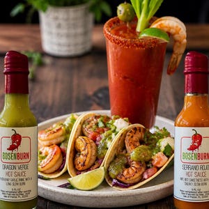 May include: Two glass bottles of Bosenburn hot sauce, one green Dragon Verde and one orange Serrano Rojo, flank a plate of three shrimp tacos and a tall glass of red cocktail garnished with a shrimp, lime wedge, olive, and celery stalk.