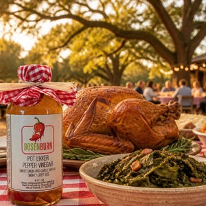 May include: A clear glass bottle of Bosenburn Pot Likker Pepper Vinegar with a red and white checkered fabric cap cover and raffia tie. The label features a red chili pepper graphic and text including Sweet Onion and Garlic with a Smokey Cider Bite.