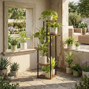 May include: A tall, multi-tiered plant stand featuring a black metal frame and wooden shelves. The stand holds several potted green plants in various white and neutral-colored ceramic containers, arranged at different heights on the shelves.