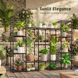 May include: A black metal multi-tiered plant stand featuring a rectangular grid frame with various potted plants on each level. The text "Sunlit Elegance" and "Display your greenery with style" is printed in the upper right corner of the image.
