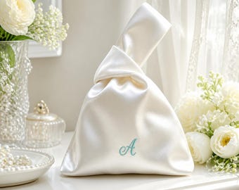 Personalized Embroidered Satin Knot Bag, White Satin Bridal Pouch, Custom Monogram Bridesmaid Gifts, Wedding Evening Clutch, Bride Handbag