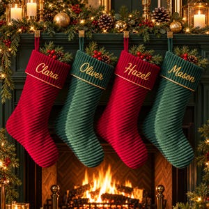 Op de afbeelding: Vier geribbelde kerstsokken hangen in een afwisselend rood en groen patroon. Elke sok is voorzien van een goud geborduurde naam: Clara, Oliver, Hazel en Mason. De boorden zijn afgewerkt met goudkleurige biezen en gevuld met dennentakken en rode bessen.