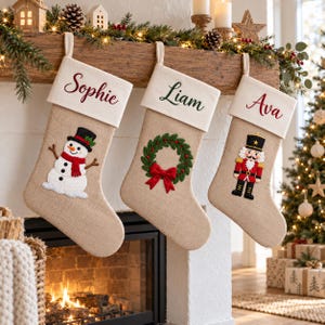 Personalized Jute Christmas Stocking with Festive Fabric Patch, Rustic Mantel Decor